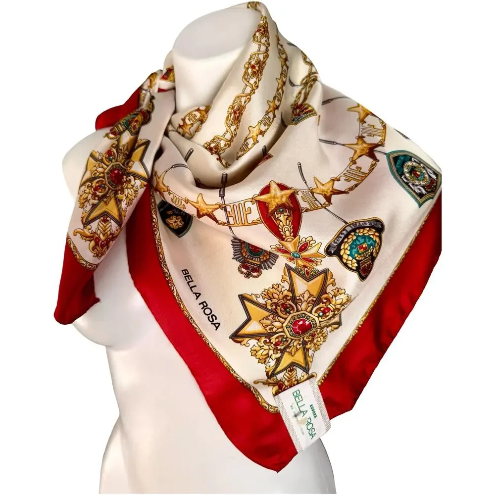 Vintage Bella Rosa Silk Scarf NWT Heraldic Medallion Crest Print 1980s Red 31x31